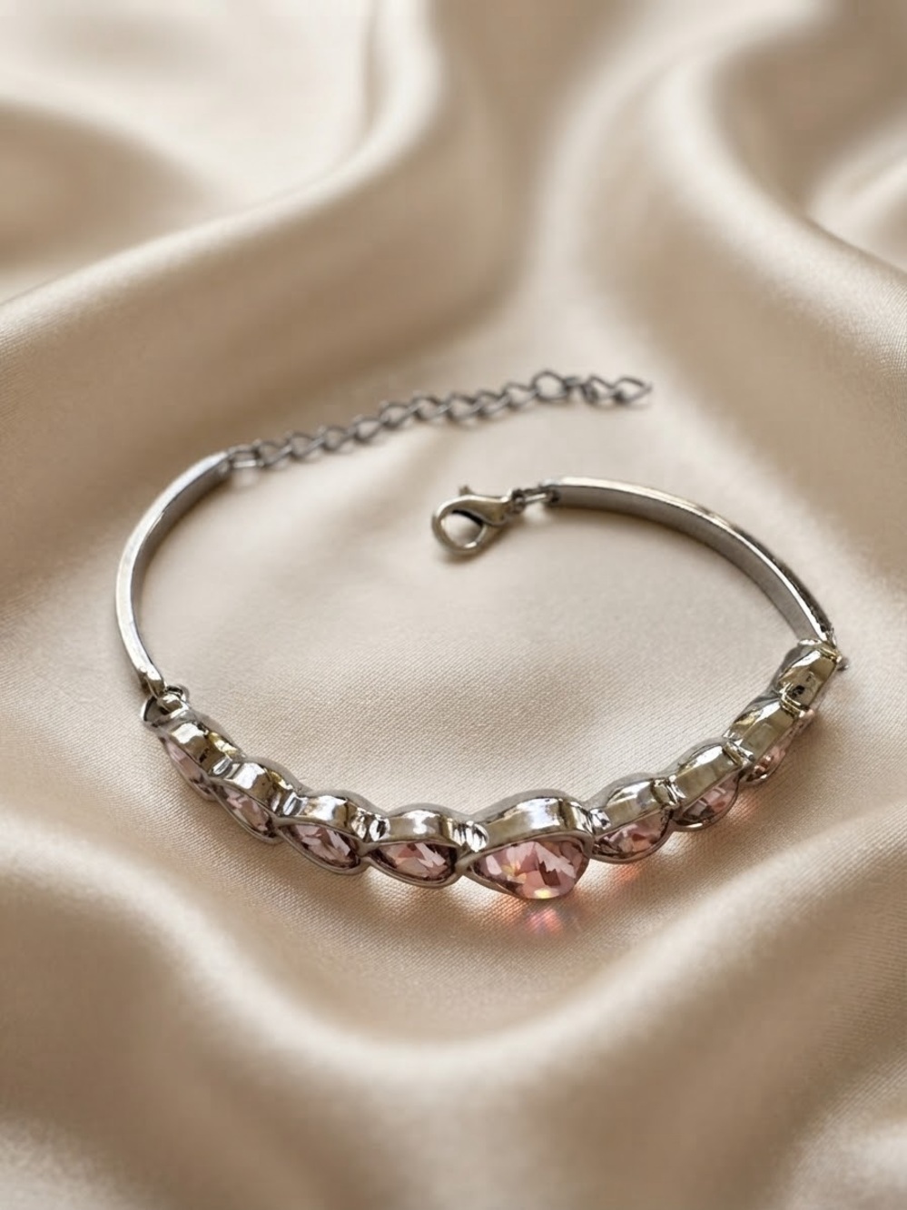 Silver-Tone Pink Crystal Heart Bangle Bracelet - Picture 2 of 2